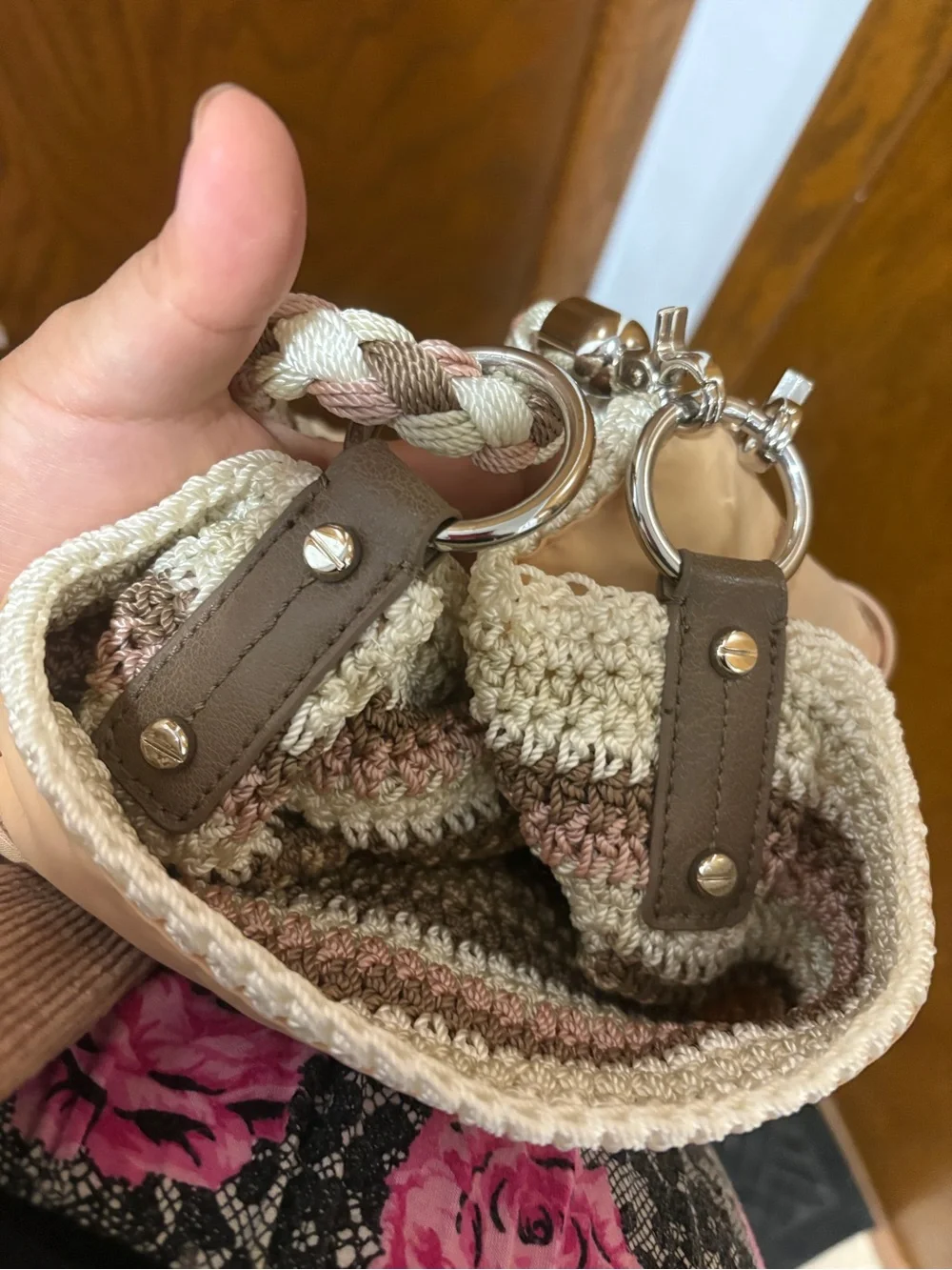 The Sak Cream Tan Pink Crochet Shoulder Bag Hobo Braided Crossbody Adjustable